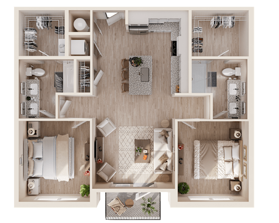 A top-down view of a well-organized apartment layout.