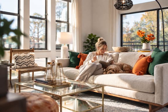 A woman is sitting on a couch reading a book in a bright living room.