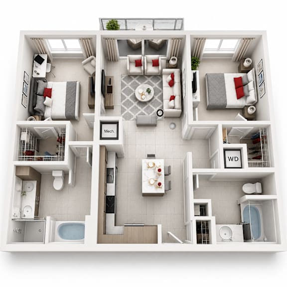 A top-down view of a small apartment layout with labeled rooms.