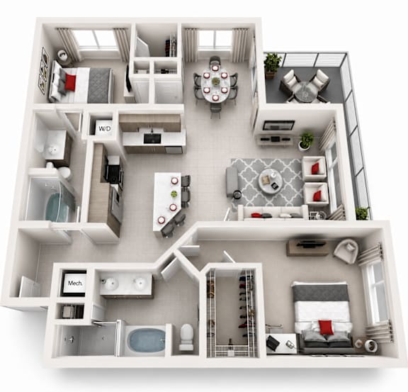 A 3D floor plan of a house with labeled rooms.
