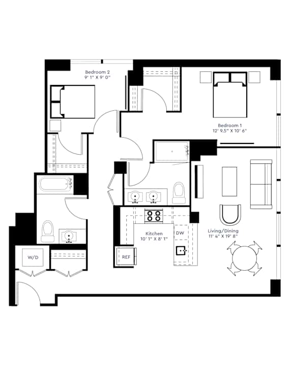 A black and white floor plan of a two bedroom apartment.