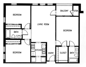 A floor plan of a house with 4 bedrooms, a living room, a kitchen, an entry, a closet, and a bath.