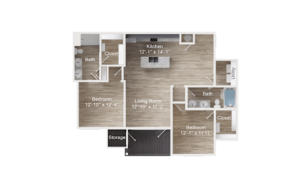 2-bedroom apartment entry next to utility closet, into kitchen with island, dual vanity bathroom, and living room, which leads to balcony with storage closet. Bedroom 1 with walk-in closet. Bedroom 2 with private dual vanity bath and walk-in closet.