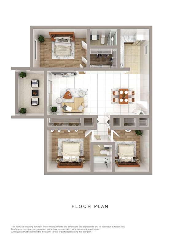 A floor plan of a house with a living room, two bedrooms, a kitchen, and a bathroom.