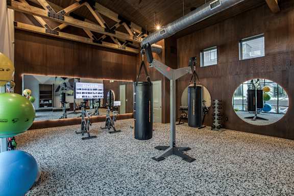 A gym with a variety of equipment including a green exercise ball and a blue exercise ball.