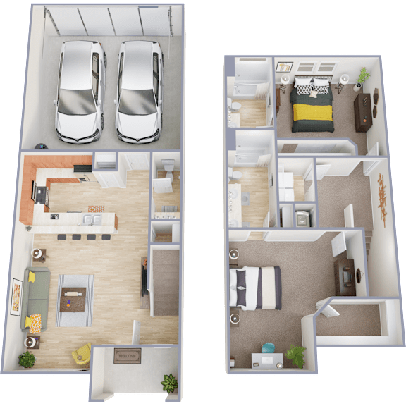 A floor plan shows a living room with a couch and a kitchen area with a sink and stove.