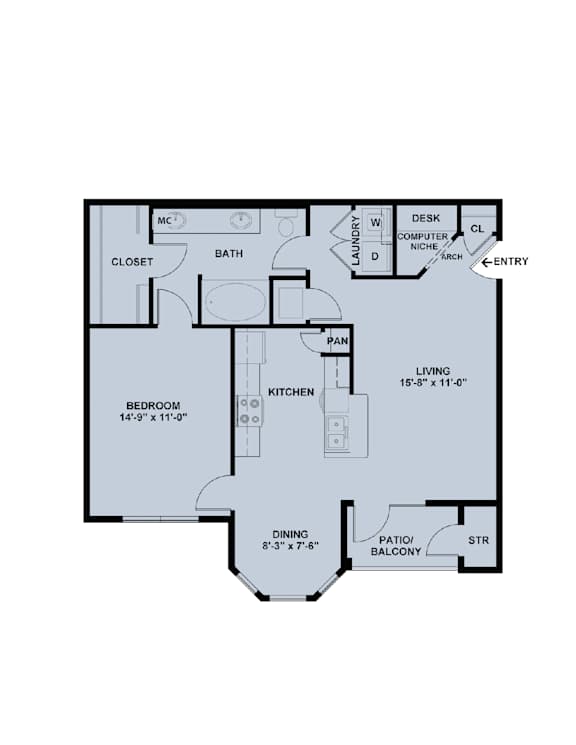 A floor plan of a small apartment with a living room, bedroom, and kitchen.