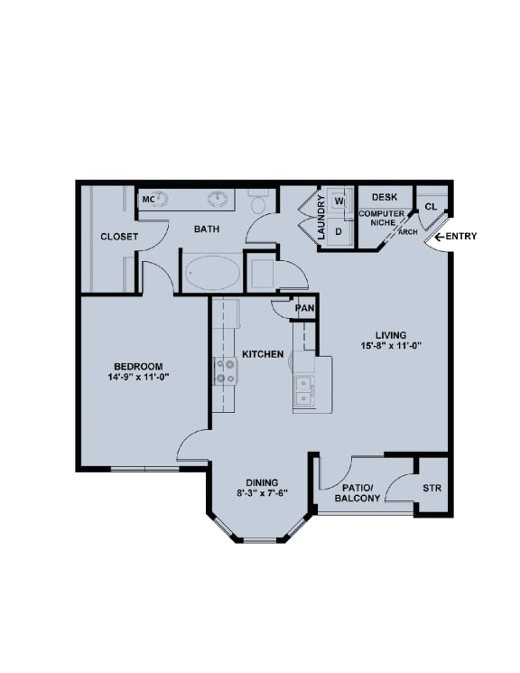 a floor plan of a studio apartment with a bedroom and a living room