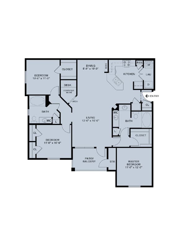 A floor plan of a house with a master suite and a second bedroom.