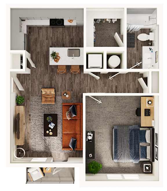 A top-down view of a small apartment with a kitchen, living room, and bedroom.