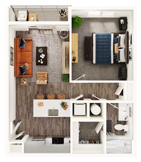 A series of images showing different layouts of a bedroom, living room, and kitchen.