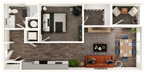A top-down view of a modern living room with a couch, coffee table, and a TV.