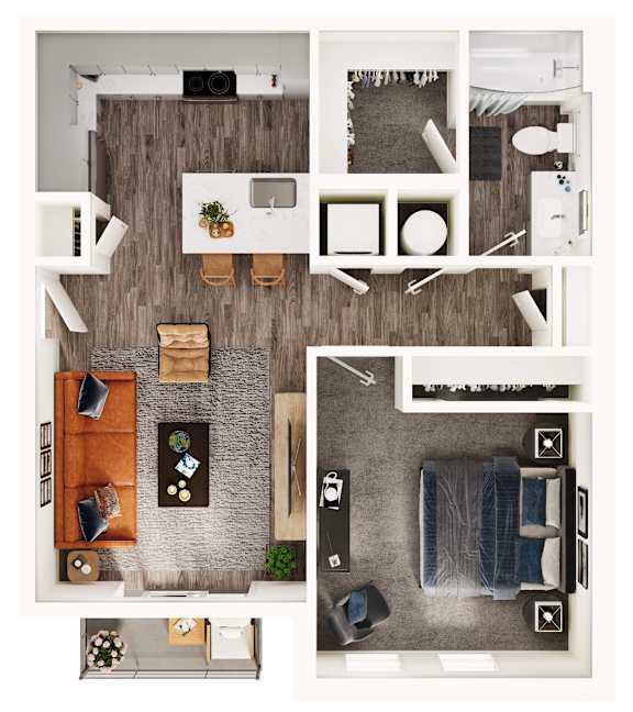 A top-down view of a living room with a couch, a coffee table, and a television.