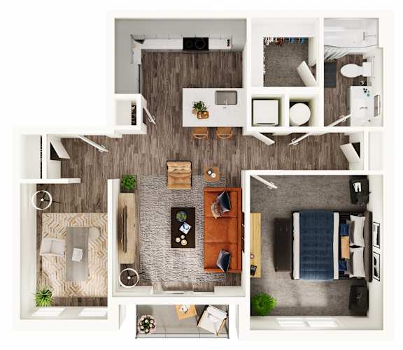 A top-down view of a modern apartment layout with a kitchen, living room, and bedroom.