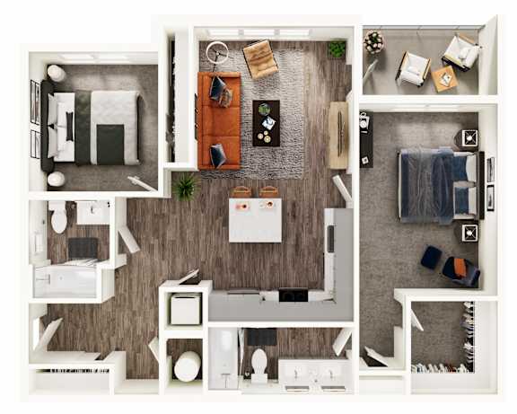 A top-down view of a small apartment with a living room, kitchen, and bedroom.