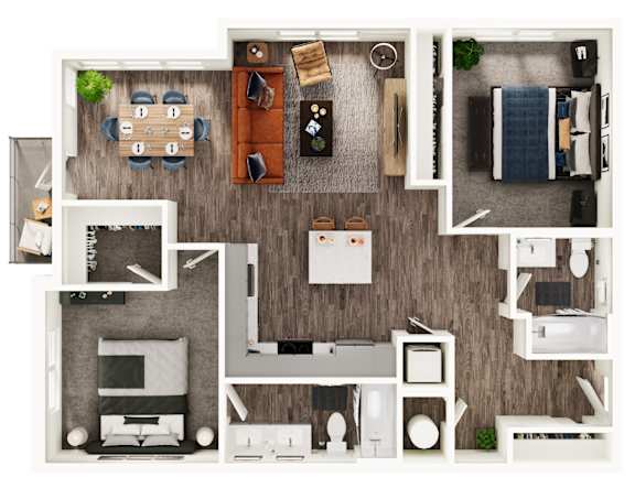 A top-down view of a well-organized living space with furniture and decor.