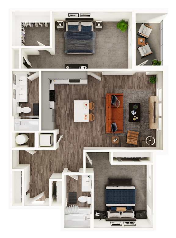 A series of images showing different layouts of a room with a couch, a bed, a desk, a chair, a plant, a clock, a bookshelf, a table, a rug, a door, a window, a