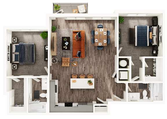 A top-down view of a room with a wooden floor and white walls.
