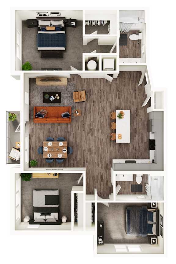 A top-down view of a small apartment with a living room, kitchen, and bedroom.