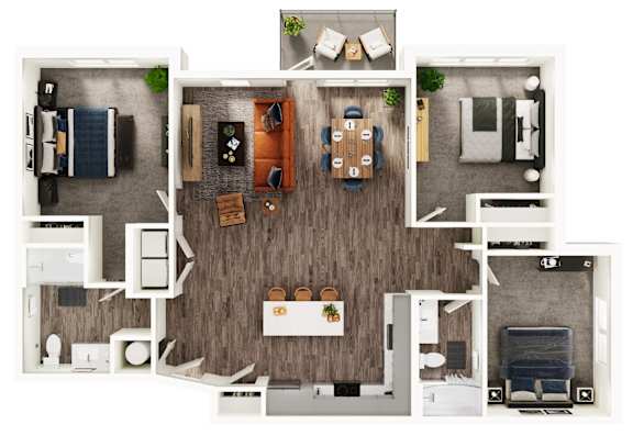 A top-down view of a house layout with a kitchen, living room, dining room, and bedrooms.
