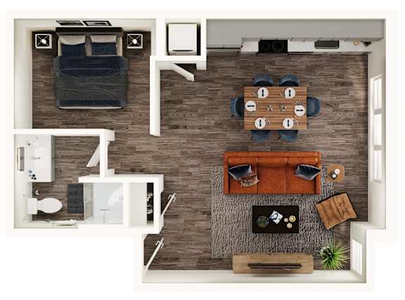 A top-down view of a small apartment with a bed, couch, and kitchen area.