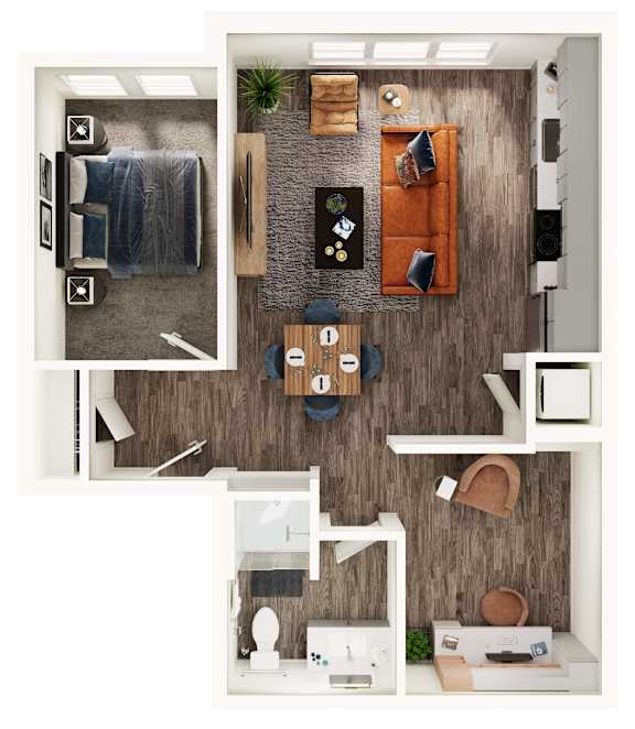 A top-down view of a small apartment with a bed, a desk, a chair, and a kitchenette.