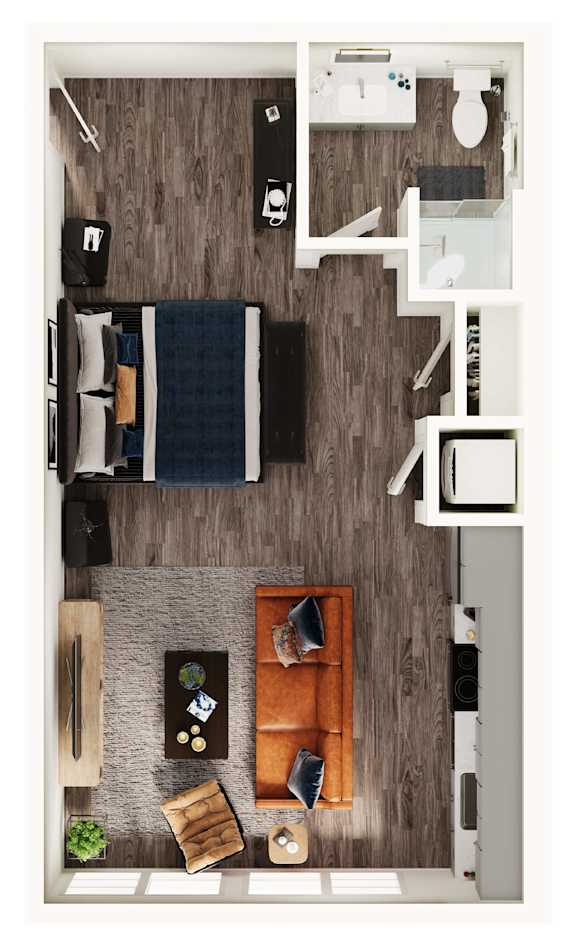 A top-down view of a small apartment with a kitchen, living room, and bathroom.