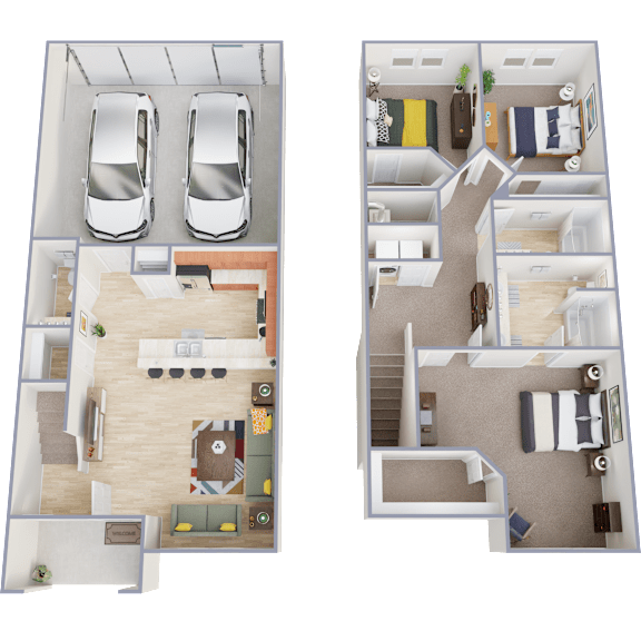 Two floor plan images of a house with two bedrooms, two bathrooms, a living room, a kitchen, and a garage.