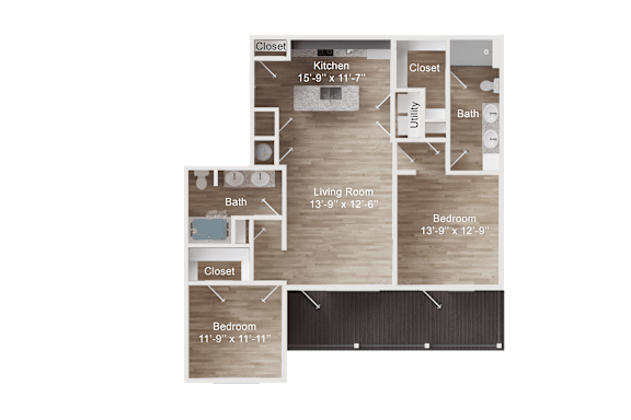 2-bedroom apartment entry next to closet, faces kitchen with island, laundry closet, and a coat closet. Living room to right with large balcony. Bedroom 1 with closet. Bedroom 2 with dual vanity bath, walk-in closet.