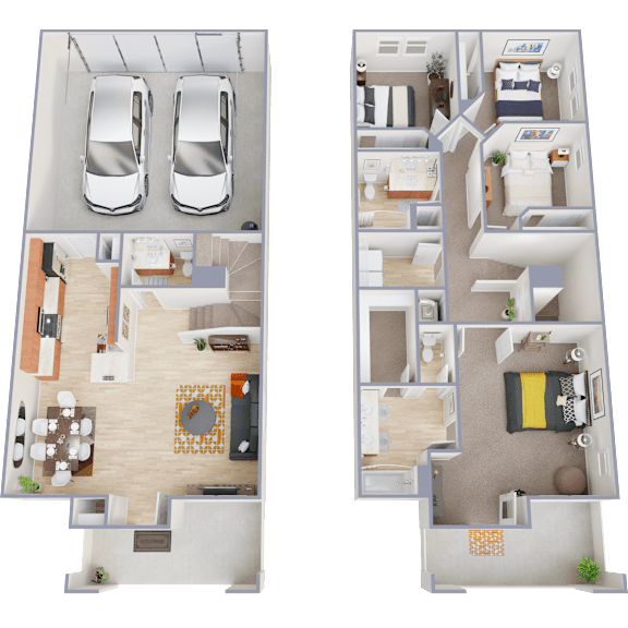 A floor plan of a two-story apartment with a garage for two cars.