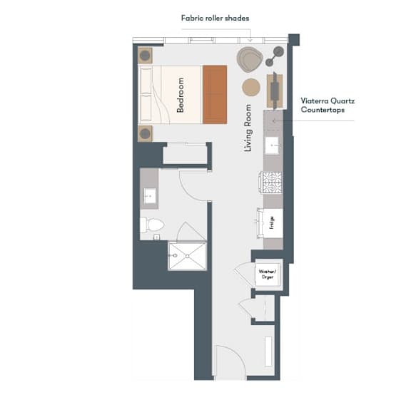A floor plan of an apartment with a living room, bedroom, and kitchen.