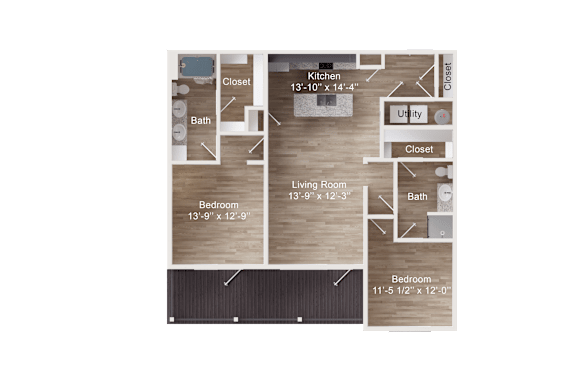 2-bedroom apartment entry next to coat closet and utility closet. Hallway into kitchen with island, pantry, second closet. Living room ahead into large balcony. Hallway into Bedroom 1 with bath access and closet. Bedroom 2 with balcony access, dual vanity bath, walk-in closet.