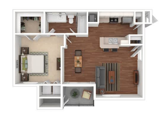 A 3D floor plan of a house showing a kitchen, living room, and two bedrooms.