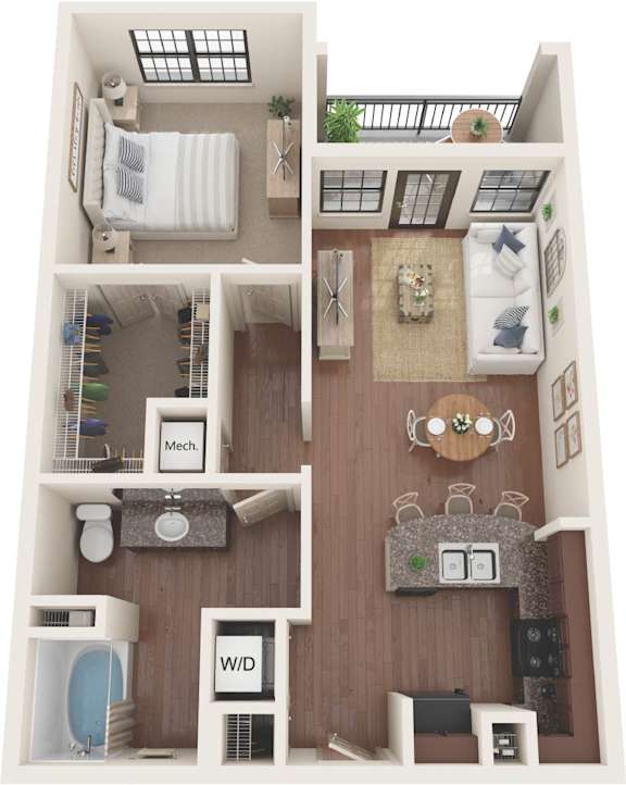 A dollhouse with a bedroom, living room, and bathroom.