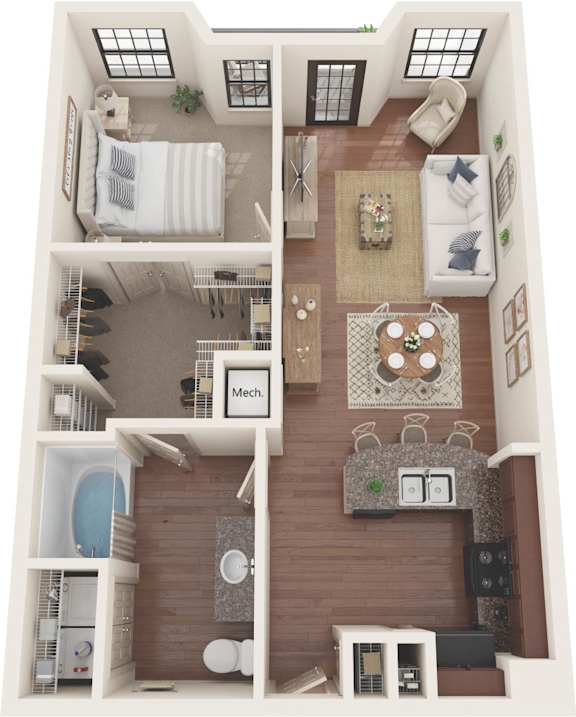 A dollhouse with a living room, kitchen, and bathroom.