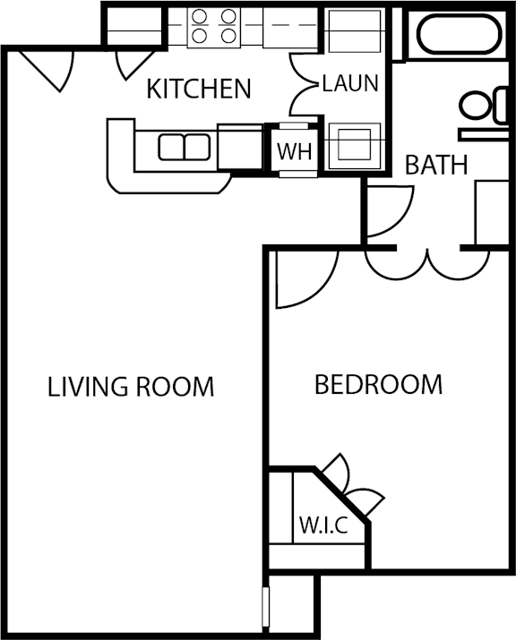 A floor plan of a small apartment with a living room, bedroom, kitchen, and bathroom.