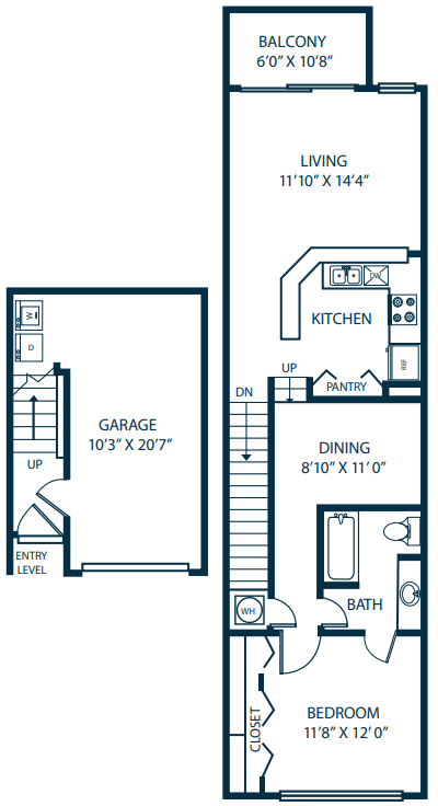 a floor plan of a small house with a garage and a kitchen and a dining