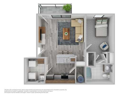 A floor plan of a small apartment with a kitchen, living room, and bathroom.
