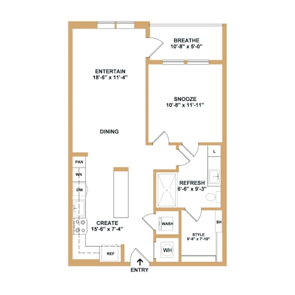 A floor plan of a room with labeled sections such as "BREATHE", "ENTERTAIN", and "DINING".