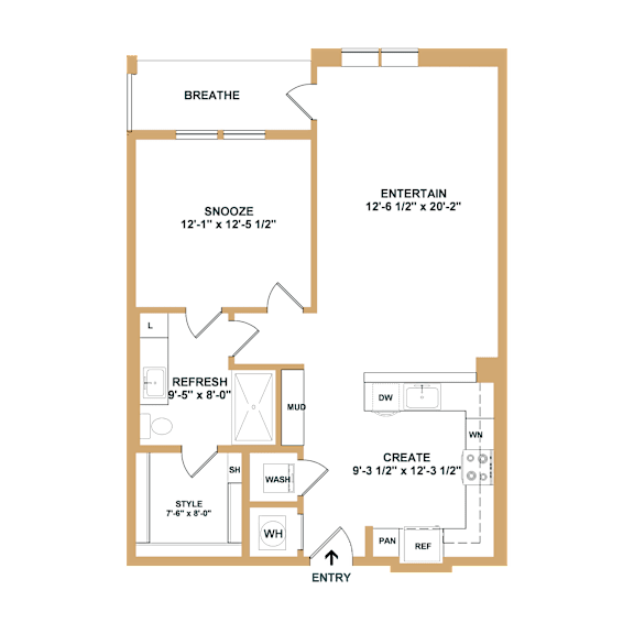 A floor plan of a house with labeled rooms such as "BREATHE", "ENTERTAIN", and "REFRESH".