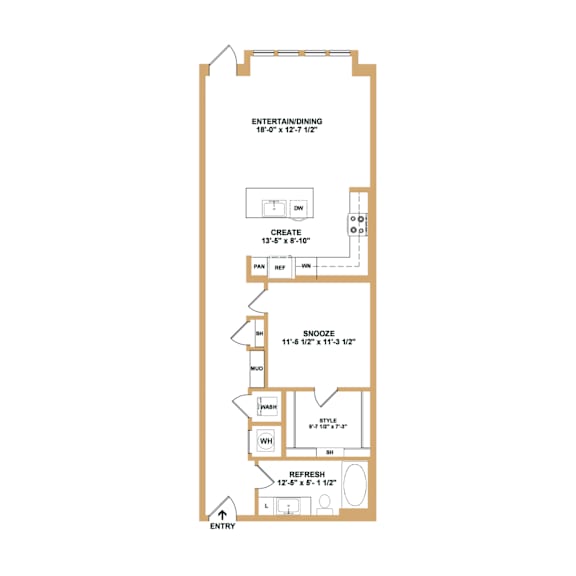 A floor plan of a room with an entertaining area and a bathroom.