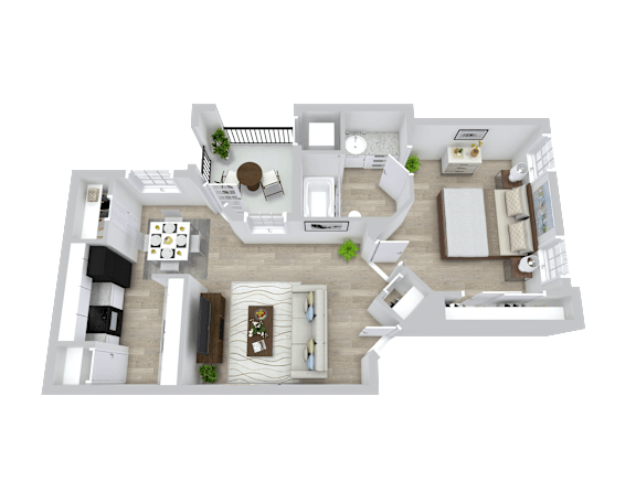 A 3D floor plan of a house with a kitchen, living room, and two bedrooms.