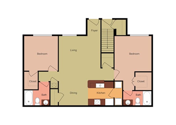 A floor plan of a house with two bedrooms, a living room, a dining room, a kitchen, a bathroom, and a foyer.
