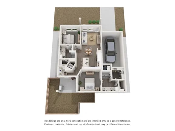 A 3D floor plan of a house with a garage and a car parked in the driveway.