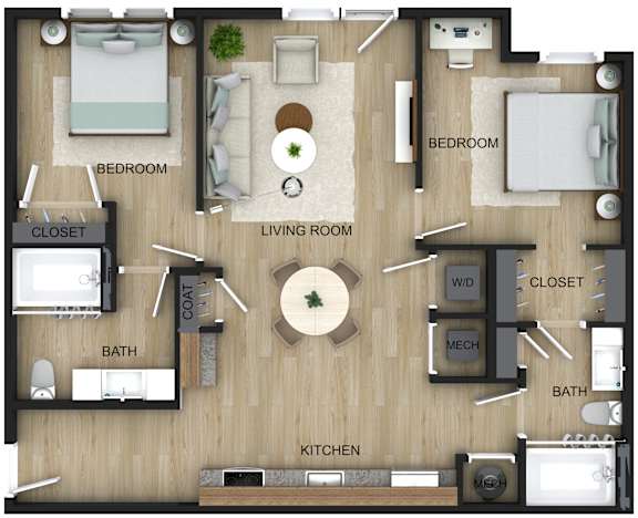 A floor plan of a house with a living room, kitchen, two bedrooms, two bathrooms, and a closet.
