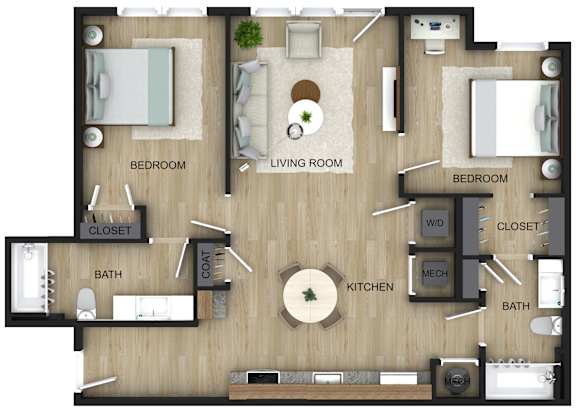 A floor plan of a house with two bedrooms, a living room, a kitchen, a bath, a closet, and a mech.