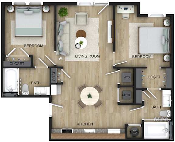 A floor plan of a house with a kitchen, living room, and two bedrooms.