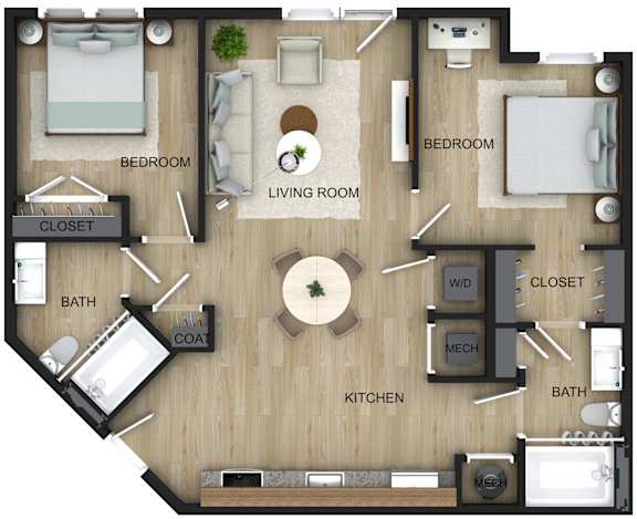 A floor plan of a house with a living room, kitchen, two bedrooms, two bathrooms, and a coat closet.