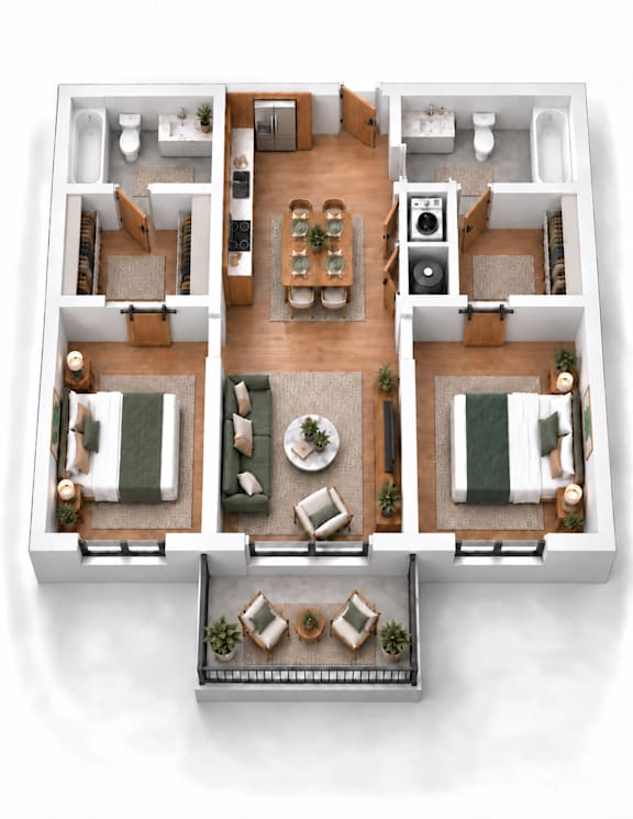 A top-down view of a house layout with a kitchen, living room, dining room, and bathrooms.