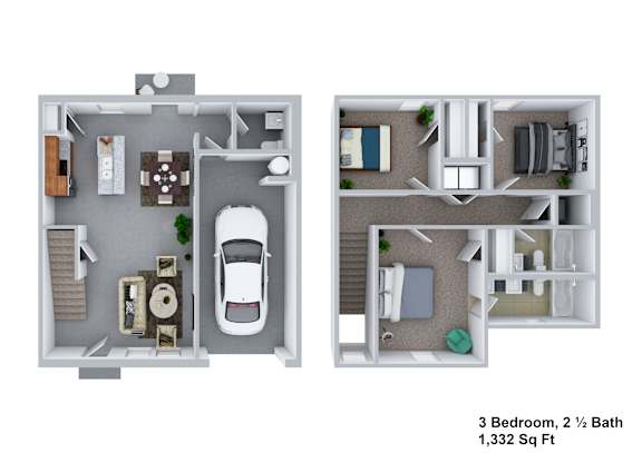 A 3 bedroom, 2 1/2 bathroom apartment is 1,332 square feet.